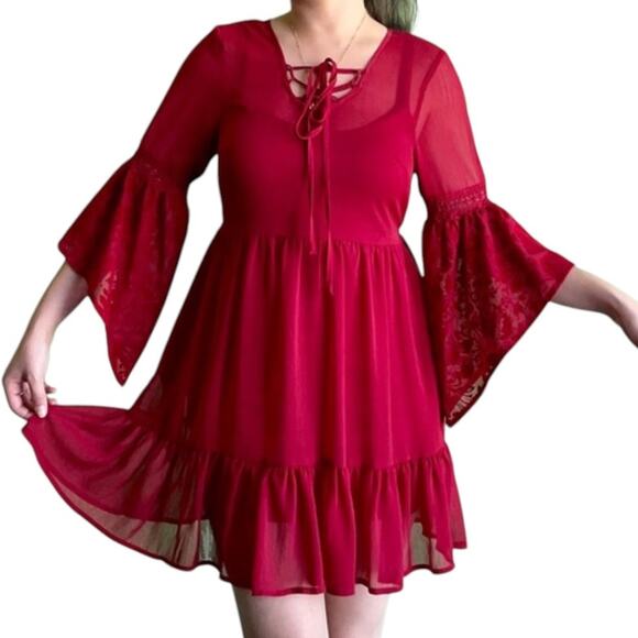 Band of Gypsies Sheer Overlay Red Baby Doll Flounce Mini Dress Size Small - Picture 1 of 14